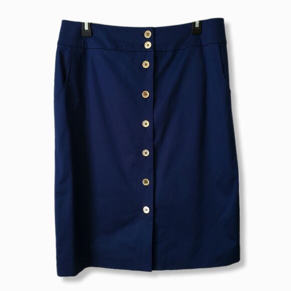 Talbots Dresses & Skirts - VTG Talbots Classic Stretch Cotton Pencil Skirt 12 Navy Blue Gold Neutral Career